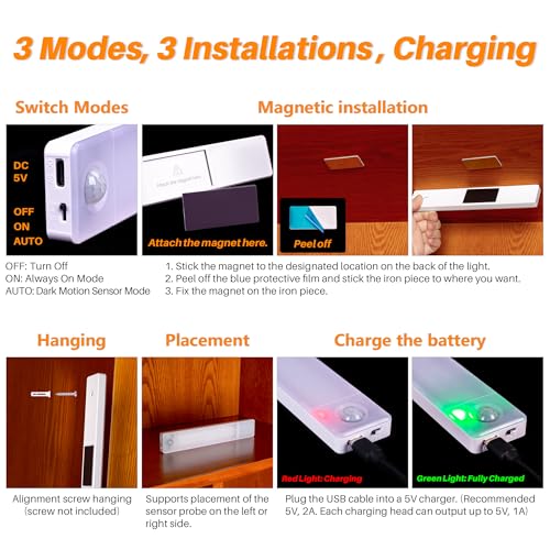 STAR-SPANGLED Under Cabinet Lighting Rechargeable, 8 inch Motion Sensor Lights Indoor Battery Operated, USB Stick on LED Magnetic Closet Light for Counter, Stairs, Kitchen, Warm White, 2 Pack - color: Warm White