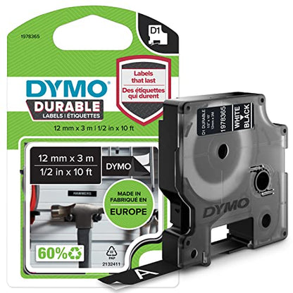DYMO D1 Durable Labeling Tape for LabelManager Label Makers White Print on Black Tape 1/2" W x 10' L 1 Cartridge (1978365) - color: White on Black