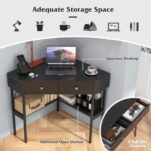 Tangkula Corner Desk with 2 Drawers & Built-in Charging Station, 90 Degrees Triangle Computer Desk for Small Space, Bedroom Makeup Vanity Desk with Storage Shelves, Corner Writing Desk