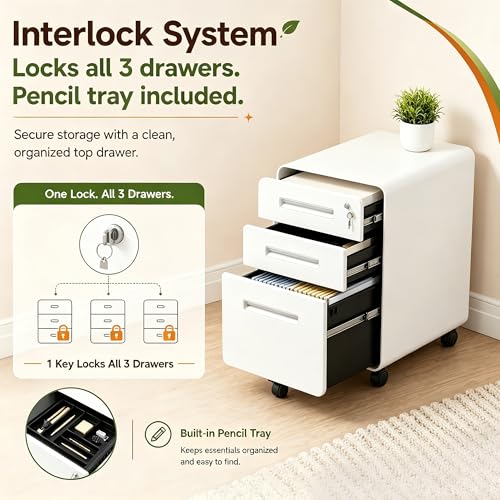 SAWJEC 3 Drawer File Cabinet with Lock, Rolling Under Desk Storage, White - color: 02l-white
