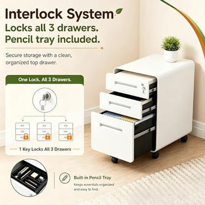 SAWJEC 3 Drawer File Cabinet with Lock, Rolling Under Desk Storage, White - color: 02l-white