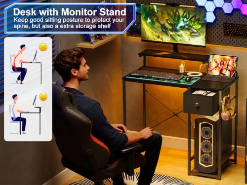 X-cosrack 33.5" Small Gaming Desk with LED Lights & Power Outlets, Drawers - color: Carbon Fiber Black, size: 33.5" with Monitor Stand