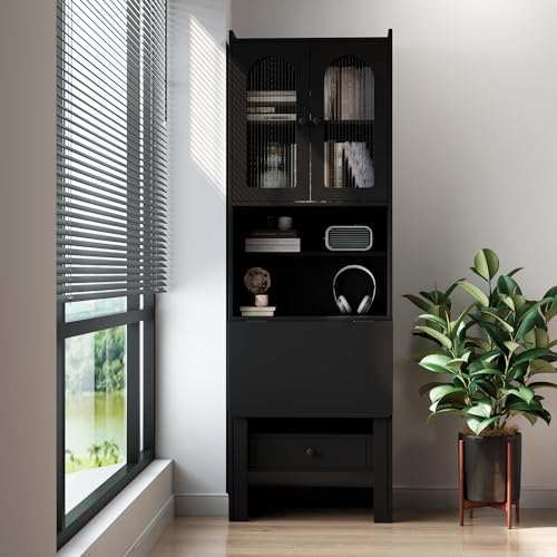 roomfitters Fold-Out Writing Table Secretary Desk with Fluted Glass Door Hutch Storage Cabinet Home Office, Black
