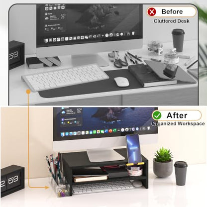 TEAMIX 2 Tiers Wood Monitor Stand Riser with Phone Holder & Side Pen Holder - color: Black, size: 15.7 x 9.5 x 5.7 inches