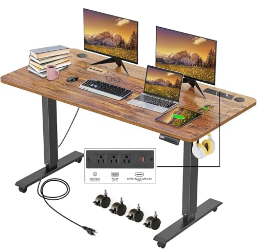 48''×24'' Electric Standing Desk with Power Outlets & Wheels, Brown - color: Brown, size: 48×24''