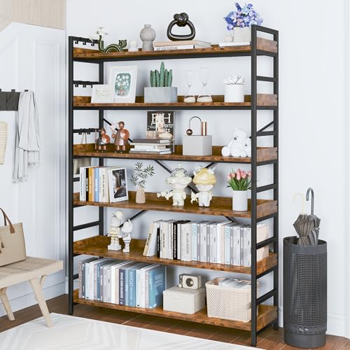 HCHQHS 6 Tier Bookshelf, Adjustable Industrial Bookcase, Vertical Tall Book Shelf, Wood and Black Metal Open Bookshelves for Home Office, Living Room, Bedroom - color: Rustic Brown, size: 6-Tier (47"W x 70"H)