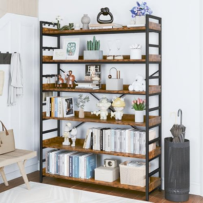 HCHQHS 6 Tier Bookshelf, Adjustable Industrial Bookcase, Vertical Tall Book Shelf, Wood and Black Metal Open Bookshelves for Home Office, Living Room, Bedroom - color: Rustic Brown, size: 6-Tier (47"W x 70"H)