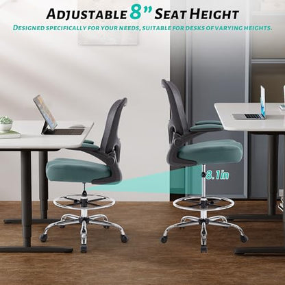 500LBS Ergonomic Drafting Chair Tall Office Chair for Counter Height or Standing Desk, Executive High Office Chairs with W-Shaped Thick Seat Cushion, Footrest Ring & Breathable Mesh, Dark Green - color: Black Frame Dark Green Fabric