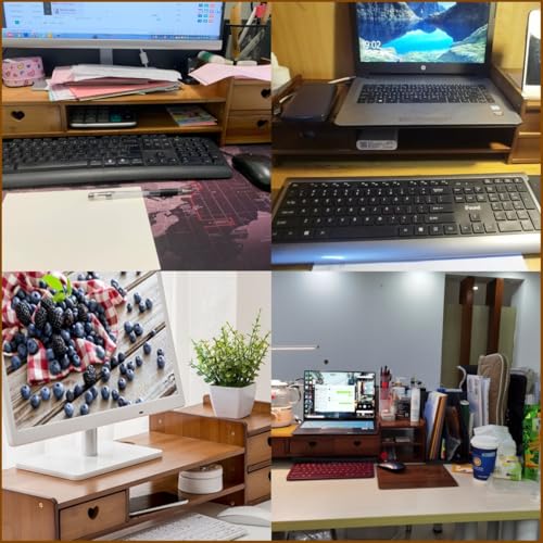 Monitor Stand Riser with 3 Drawers 2-Tier Bamboo Wood Computer Riser for Desk Home Office Desktop Stand Storage Organizer for TV Laptop Computer PC
