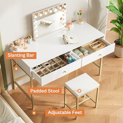 SUPERJARE 43-inch Modern White & Gold Desk - 2 Drawer Vanity - color: Gold and White, size: 43.3 inch