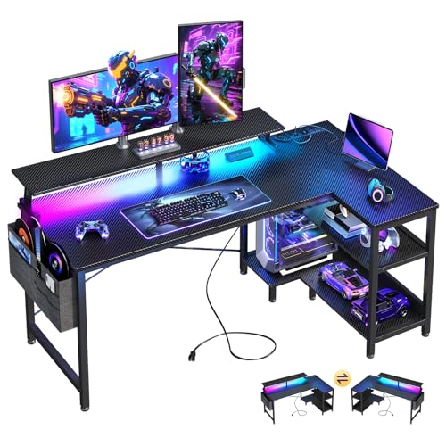 ODK 48 Inch L Shaped Gaming Desk with LED Lights, Power Outlets, Black - size: 48 Inch