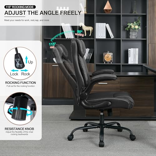 Office Desk Chair,Ergonomic Conference Room Chairs,Mid Back Executive Leather Chair,Comfy Computer Desk Chairs with Adjustable Flip-Up Arms and Rocking Function (Black) - color: Black