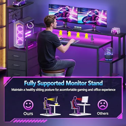Korfile 63" Gaming Desk with Power Outlet, LED, Carbon Fiber Black Finish - size: 63 Inches