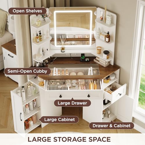 Vabches Corner Vanity with Mirror & Lights, Glass Top Makeup Vanity Desk