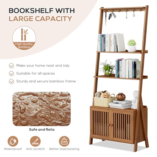 Bookcase with Drawers, Ladder Shelf 4-Tier Bamboo Bookshelf with 6 Hooks - color: 4-tier Walnut