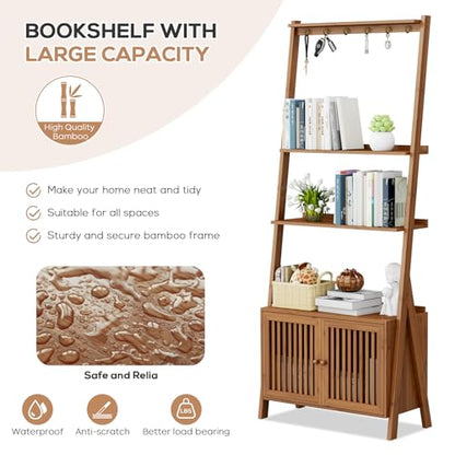 Bookcase with Drawers, Ladder Shelf 4-Tier Bamboo Bookshelf with 6 Hooks - color: 4-tier Walnut