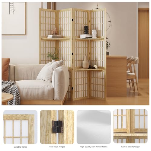 Room Divider with Shelves, 66.9-Inch Tall Japanese Shoji Style Wood Screen with Double Hinges for Home Office Bedroom Hotel Decoration (4 Panels, Natural) - color: Natural - Shelves, size: 4 Panels