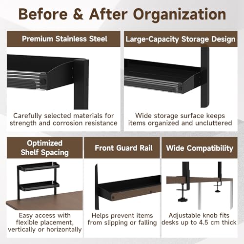 Clamp On Desk Shelf, 2 Tier 17in Office Desk Shelves Organizer (Black) - color: Black