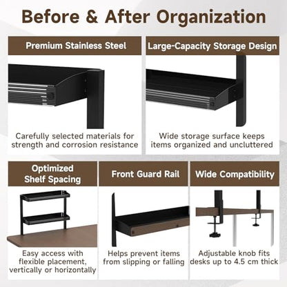 Clamp On Desk Shelf, 2 Tier 17in Office Desk Shelves Organizer (Black) - color: Black