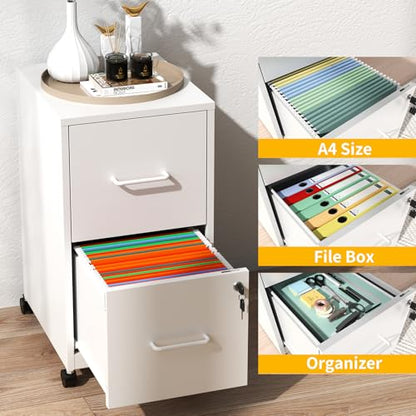 2 Drawer Mobile File Cabinet with Lock, Rolling Metal Filing Cabinet on Wheels, Lockable Under Desk Steel Vertical File Cabinets for Home Office, Letter/Legal/A4/F4, Assembly Required White