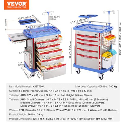 VEVOR Medical Crash Cart, Nursing Emergency Rolling Cart with 5 Drawers & 4 Silent Wheels, Adjust IV Pole, Needle Disposal Holder, Trash Bin, O2 Holder, Mobile Trolley for Hospital, Clinic, Lab, Salon - color: Grey + Blue