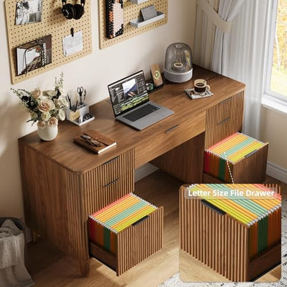 55.1" Fluted Executive Desk with Drawers, Wood Computer Desk with Storage Cabinet, Home Office Desk with Charging Station, Farmhouse Desk with File Cabinet for Office Home (Walnut) - color: Walnut With 4 Legs