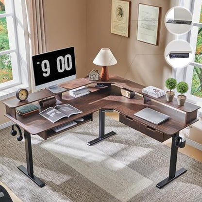 RedLemon 60 Inches L Shaped Electric Standing Desk 2 Tier, Dark Walnut - color: Dark Walnut, size: 60"X60"