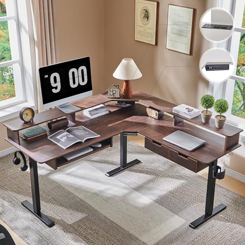 RedLemon 60 Inches L Shaped Electric Standing Desk 2 Tier, Dark Walnut - color: Dark Walnut, size: 60"X60"