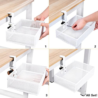 Under Desk Drawer, Clamp on Desk Organizer Hanging Desk Storage Under Table - color: White