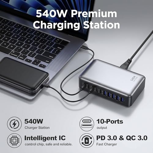 540W USB C Charger Block, 10 Port Charging Station USB Charger Block Double 100W Gan Laptop Fast Charging Compatible with MacBook Air/Pro, iPhone, iPad, Dell XPS, Samsung Galaxy Note - size: 540W
