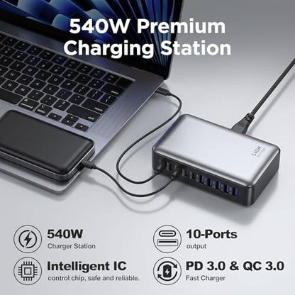 540W USB C Charger Block, 10 Port Charging Station USB Charger Block Double 100W Gan Laptop Fast Charging Compatible with MacBook Air/Pro, iPhone, iPad, Dell XPS, Samsung Galaxy Note - size: 540W