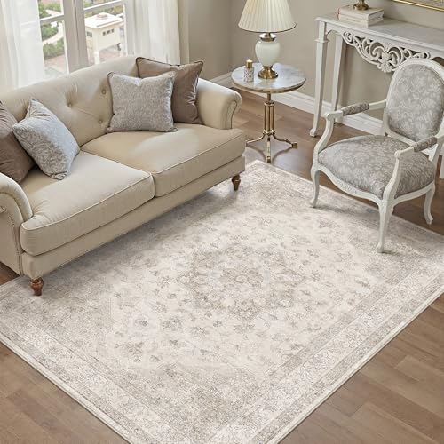 PureCozy Beige 4x5 Washable Area Rug Vintage Oriental Medallion Carpet | Soft Low Pile, Non Slip, Stain Resistant, Neutral Retro Decor for Living Room, Bedroom, Dining Room, Kids Room - color: Beige, size: 4' x 5' (Rectangular)