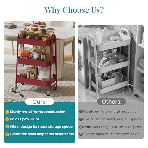 OLIXIS Metal 3 Tiers Rolling Storage Utility Cart with Lockable Wheels - color: Red, size: 3-Tiered 17 inches