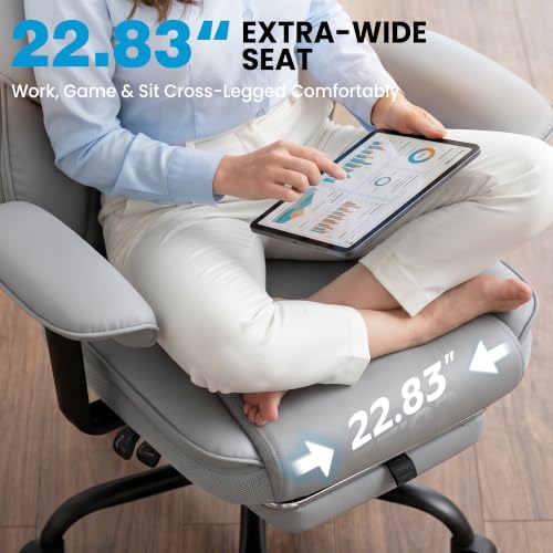 ALLGOD Office Desk Chair, Big and Tall Executive Chair with Lumbar Support, High Back Computer Gaming Chair, PU Leather with Pocket Spring Cushion, Adjustable Armrests and Footrest, Grey - color: Lightgrey