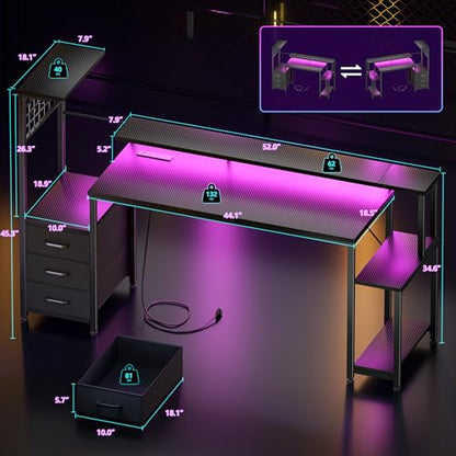 Korfile 63" Gaming Desk with Power Outlet, LED, Carbon Fiber Black Finish - size: 63 Inches