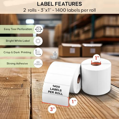 Arkscan 3x1 Thermal Labels - 2 Rolls, 1,400 Labels per Roll (2,800 Labels) - Barcode & Address Labels for Zebra, Rollo & Arkscan Printers - size: 3 x 1", 2 Rolls