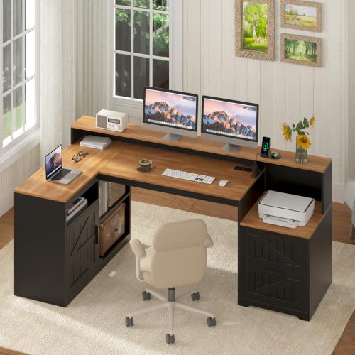 65" Farmhouse Computer Desk with Drawers and Printer Stand for Home Office - color: Brown and Black