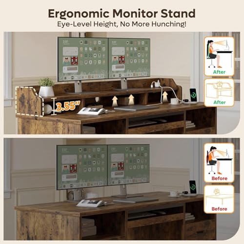 Bestier 59" Executive Desk with Charging Station & Monitor Stand, Brown - color: Natural Rustic Brown