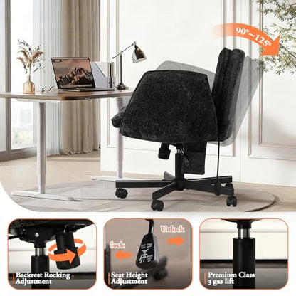 Criss Cross Chair with Lumbar Airbag & Folding Arms Relieve Back Pain, Wide Cross Legged Office Chair for Home Office, Comfy Swivel Desk Chair with Wheels, 5 Level Adjustable Armrest, Chenille(Black) - color: Black, style: With Airbag Lumbar Support
