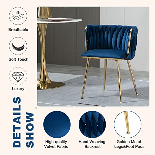 NIOIIKIT Modern Velvet Dining Chairs Hand Weaving Accent Chairs Living Room Chairs Upholstered Side Chair with Golden Metal Legs for Dining Room Kitchen Vanity Living Room (Navy) - color: Navy