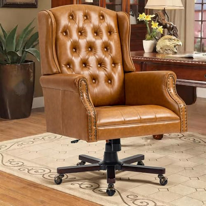 Upgraded 2026 Executive Desk Chair, Ergonomic Recliner Chair,Brown | Faux Leather Wingback Home Office Chair with Nail Head Trim & Tufted Back, Big and Tall Office Chair for Home and Living Room - color: Brown, style: Modern
