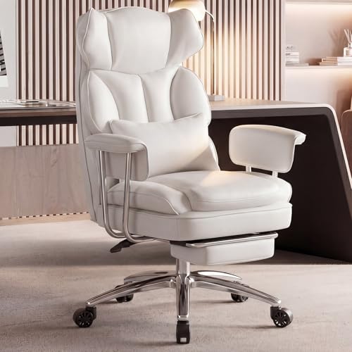 DUMOS Ergonomic Home Office Desk Chair, Executive Chair, PU Leather | Big Tall High Back, Lumbar Support, Reclining Height Adjustable, Computer Gaming, Footrest Swivel Wheels, Snow White - color: Snow White