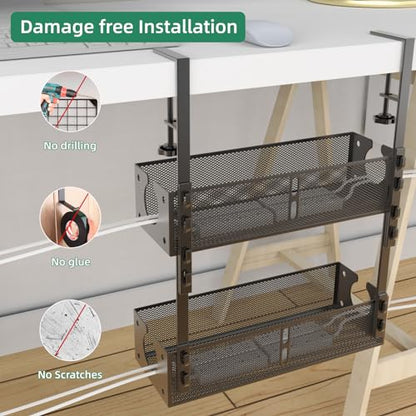 Multi-Model Under Desk Cable Management Tray 2 Packs Metal Under Desk Wire Management Clamp Mount Under Table Cord Management No Damage The Desk (Black)