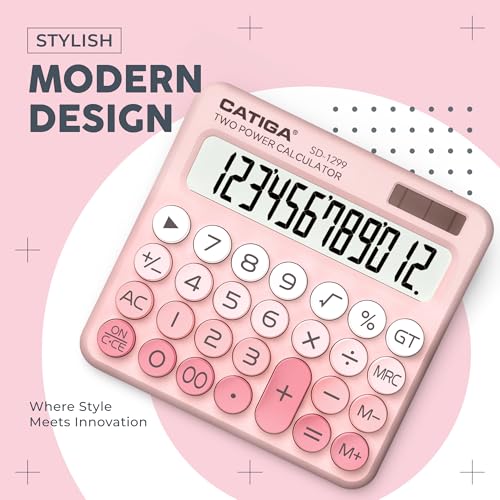 CATIGA Mechanical Switch Calculator with Solar and Battery Dual Power, 12-Digit Large LCD Display, Aesthetic and Cute Desktop Calculator with Big Button, for Home, School and Office Use, SD-1299 - color: Z) Blush Pink