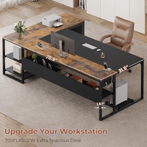 UPOSOJA 71" Executive Desk, L Shaped Office Desk with Widen File Drawers - color: Brown, size: Widen Drawer
