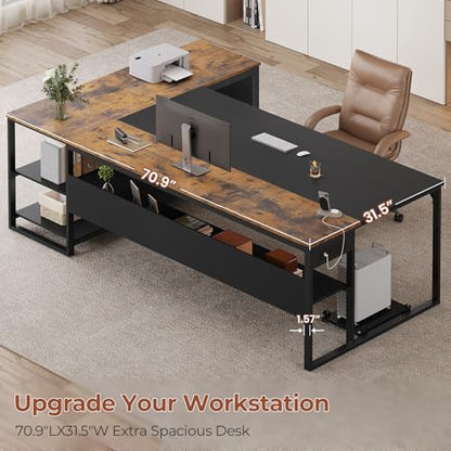 UPOSOJA 71" Executive Desk, L Shaped Office Desk with Widen File Drawers - color: Brown, size: Widen Drawer