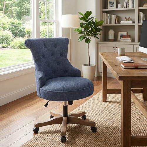 HUIMO Home Office Chair Upholstered Armless Swivel Desk Chair with Wheels | Adjustable Height Computer Desk Chair with Wooden Legs linen Comfortable Swivel Chairs for Farmhouse Study Studio Blue - color: Blue