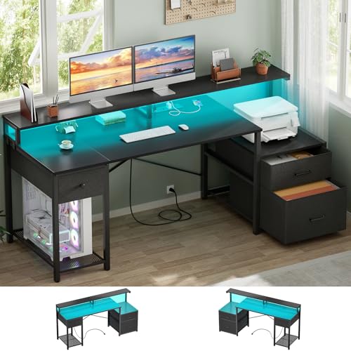 Aheaplus 59" Gaming Computer Desk with 3 Drawer, Power Outlet, Led Lights - color: Black