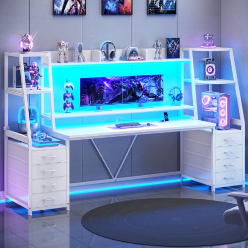 SEDETA Gaming Desk with LED Lights, 8 Drawers and Storage Shelves, White - color: White With Drawers, size: 78.8 inches