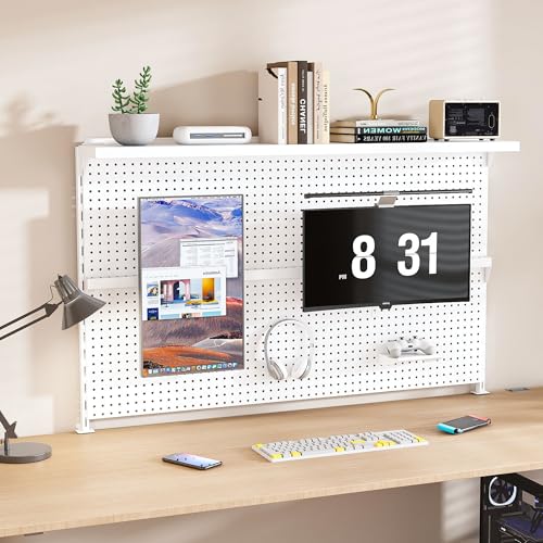Clamp-On Metal Desk Pegboard with Dual Monitor Stand–No Drilling Needed! 59x35 Inch Steel Privacy Panel with Hooks & Movable Partition, Peg Board Wall Organizer for Gaming & Office - color: White